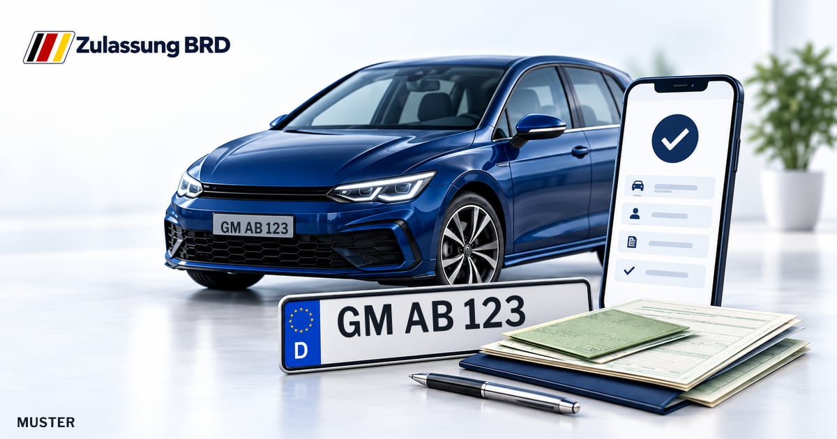 Online Fahrzeugzulassung in Marienheide: Musterkennzeichen GM AB 123, Auto und Fahrzeugpapiere und Smartphone. Illustration mit Logo von Zulassung BRD.